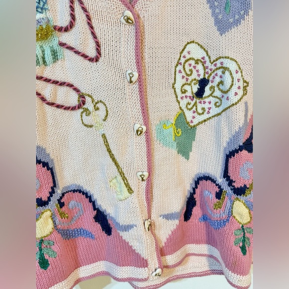 Storybook Knits Key To Love V Neck Cardigan Sweaters small Embroidered Pink - Picture 3 of 9